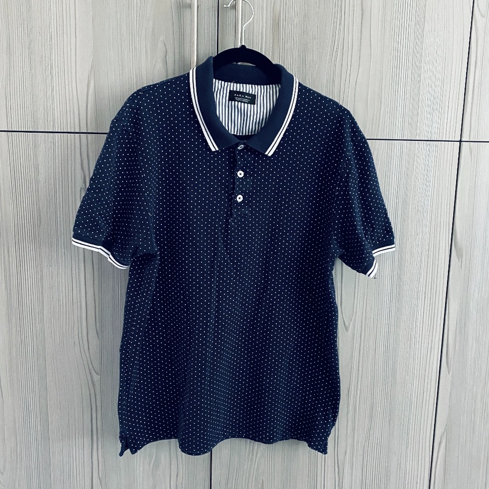 Zara Blue and White Polka Dot Polo Shirt